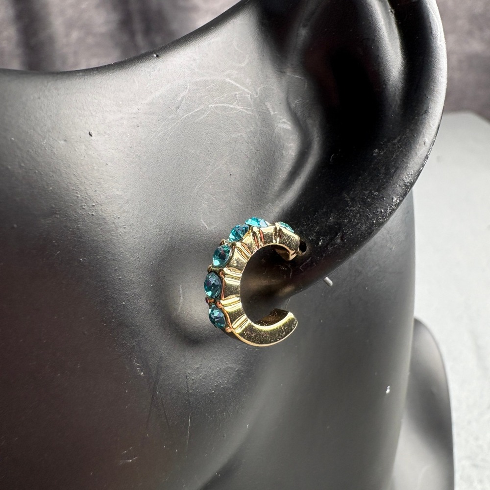 Gold Tone Teal Blue Rhinestone J-Hoop Post Earrings Huggie Style